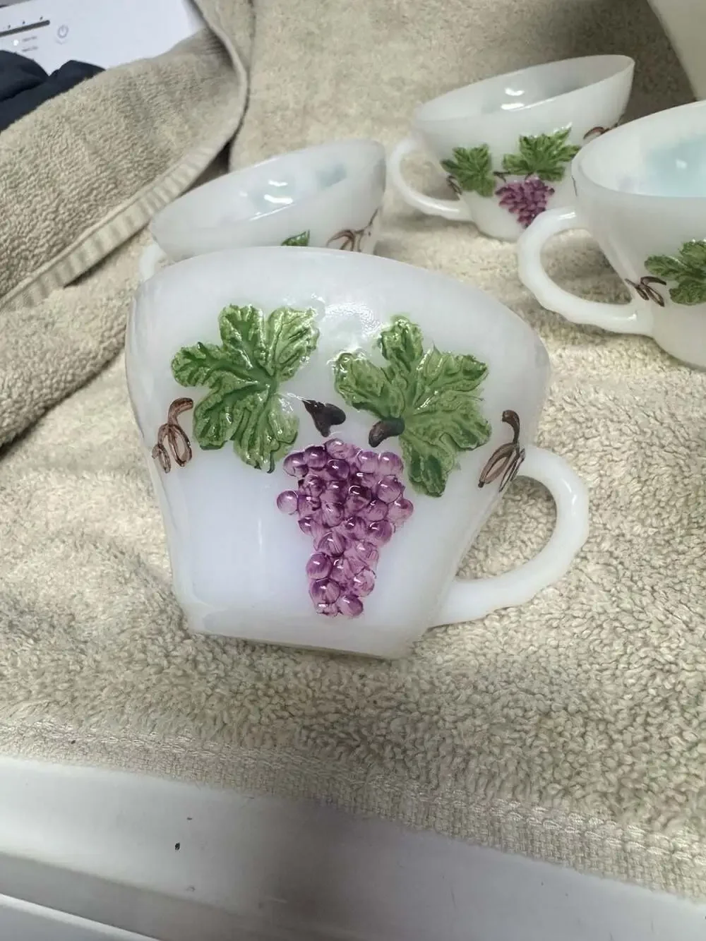 Vintage Anchor Hocking Milk Glass Grapevine Pattern Punch Bowl Set